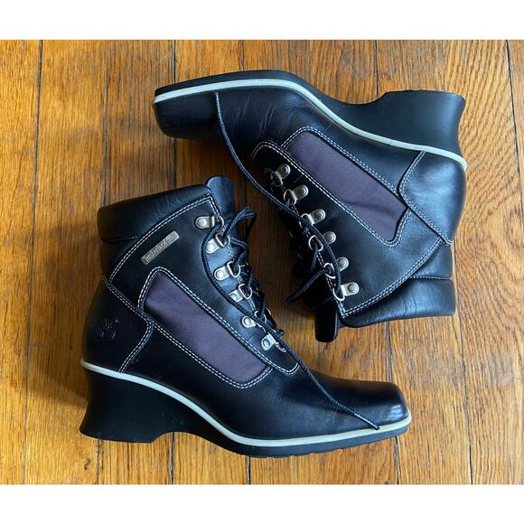 TIMBERLAND Wedge Square Toe Black Ankle Boots sz 5.5 - Picture 1 of 11